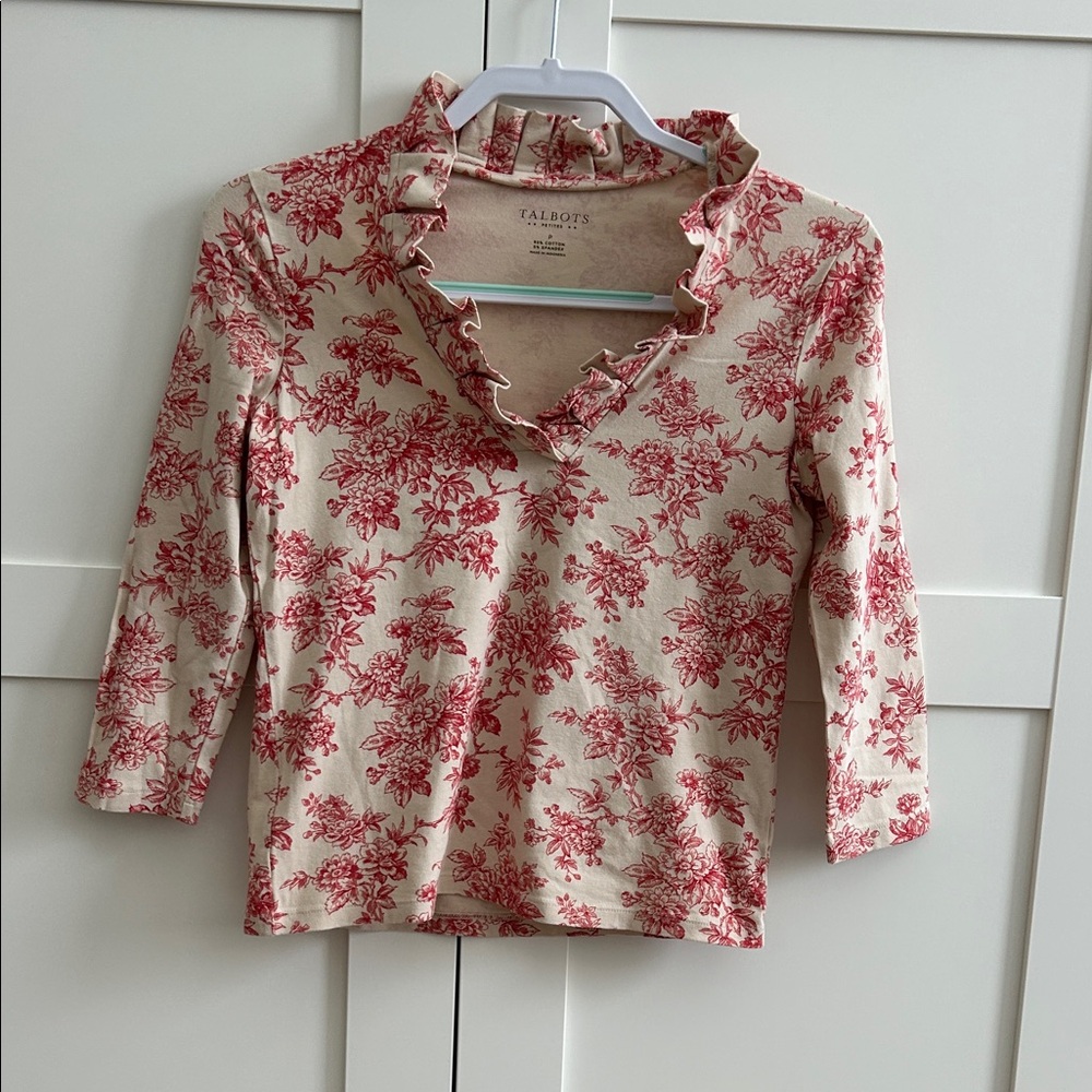 Talbots Cream Top with Red Floral Ruffle V-Neck